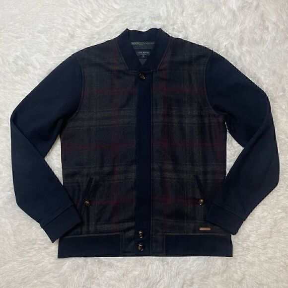 Ted Baker London Mens Small Wool Blend Plaid Full Zip Jacket Navy Blue Size 4 - Picture 2 of 10